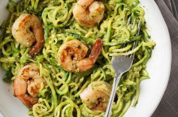 Healthy And Delicious Zucchini Noodles With Avocado Pesto & Shrimp